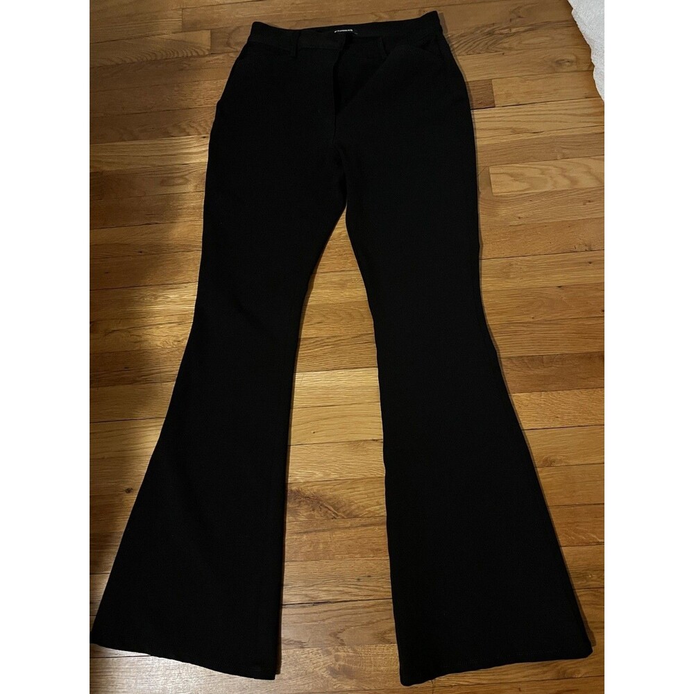 Express Women's Black Solid High Rise Flared Pants Flat Front Pockets Zip